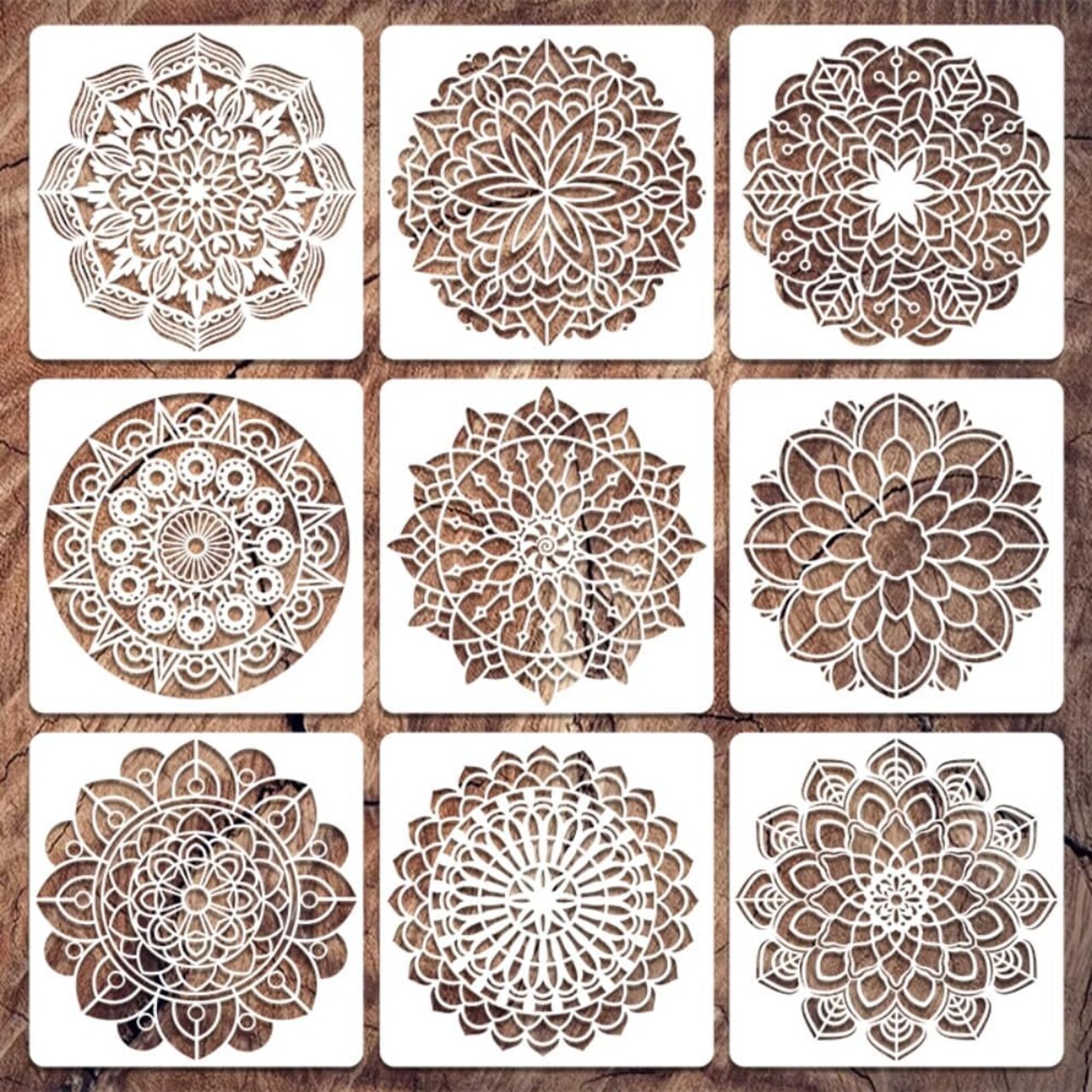 9-Pack Large Mandala Stencils (12x12 in) – Reusable Plastic Painting Templates for DIY Crafts on Walls, Wood, Floors, Canvas & Home Decor